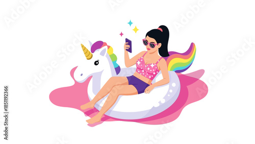 Cheerful woman relaxing on inflatable unicorn with smartphone and sunglasses in summer
