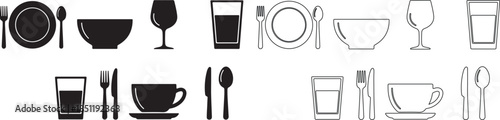 Collection of Minimalist Tableware and Cutlery Icons in Solid Black and Line Art Vector isolated PNG with Transparent Background