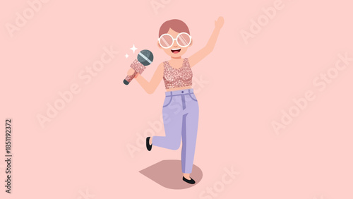 Energetic person singing with microphone in pink outfit on pastel background