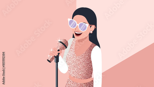 Stylish woman singing with microphone in sparkly outfit and sunglasses
