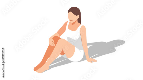 Minimalist sitting woman in casual wear with shadow on white background