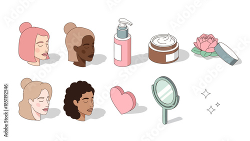 Minimalist beauty concept with diverse women, cosmetics, and skincare elements