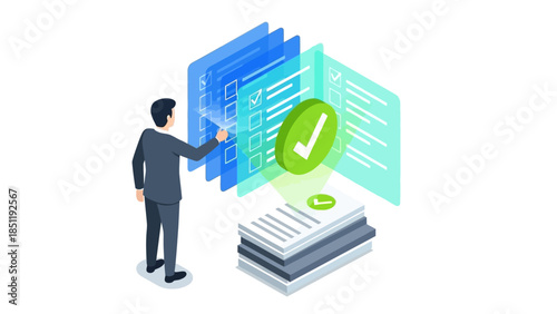 Isometric businessman interacting with digital checklists for data management and organization