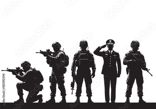 Vector illustration of a standing group and family including silhouettes of military soldiers, a businessman, and a child walking as black body outlinesVector illustration of a standing group and fami