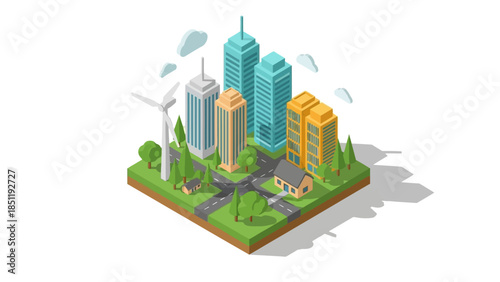 Isometric eco-friendly cityscape with modern skyscrapers and wind turbine