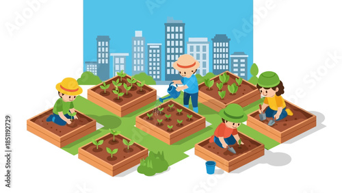 Community gardening with children in urban cityscape in isometric style