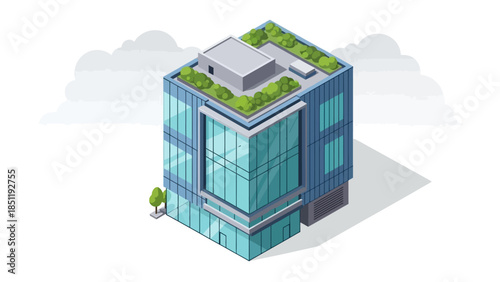 Modern urban office building with green roof in isometric design