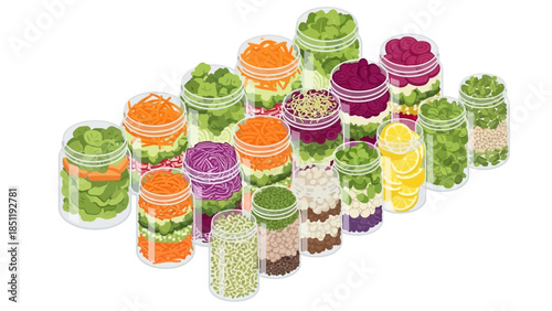 Colorful isometric jars of freshly chopped vegetables in various arrangements