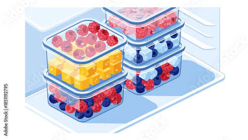 Colorful berries and cubes in clear containers neatly stacked in a refrigerator