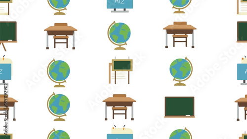 Educational Elements Vector Pattern Featuring Globes, Desks, and Chalkboards for Classroom Themes