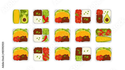 Assorted lunchboxes with tacos, vegetables, and rice in flat design