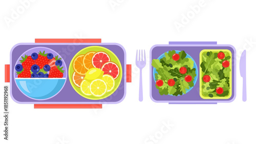 Healthy lunchbox with fresh fruits and salad in flat design style