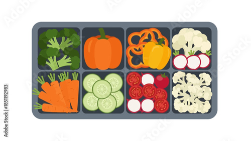 Colorful flat style vegetable tray with fresh healthy produce