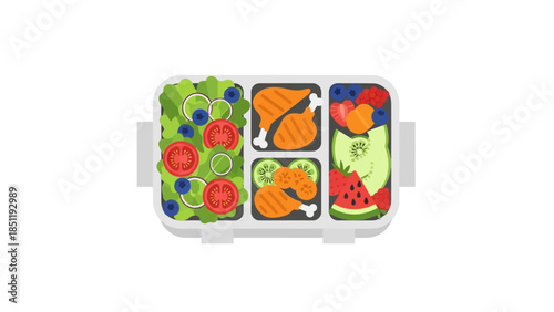 Colorful healthy lunchbox with fresh fruits, vegetables, and grilled chicken