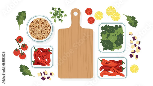 Colorful vegetables and cutting board for cooking inspiration