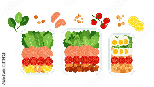 Healthy meal prep with salmon, vegetables, and quinoa in containers