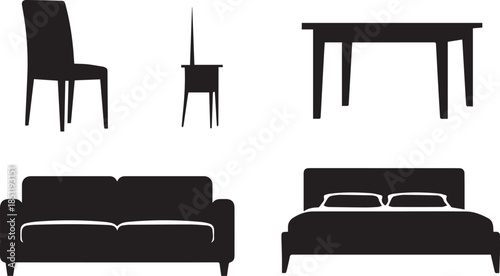Collection of household furniture silhouettes isolated on a clean for design