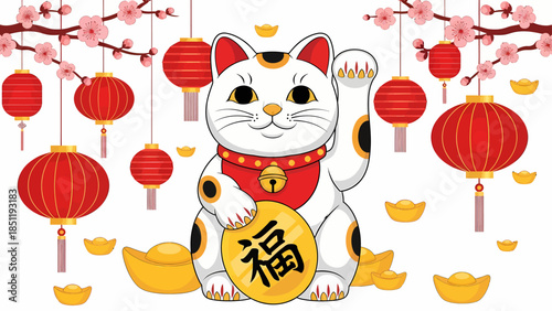 Vibrant illustration of a cheerful Maneki-neko amidst festive red lanterns, cherry blossoms, and gold ingots, embodying Asian prosperity and good fortune for celebrations