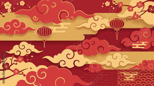Traditional Chinese New Year festive backdrop with red lanterns, auspicious clouds, and plum blossoms, symbolizing good fortune and celebration