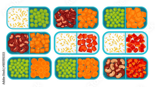 Assorted vegetable and grain meal preps in colorful containers on white background