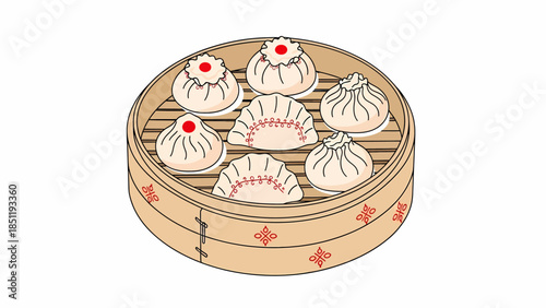 Delicious Dim Sum Assortment in a Traditional Bamboo Steamer Basket