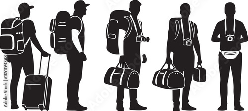 Diverse travelers with backpacks luggage and bags ready for adventure isolated silhouettes