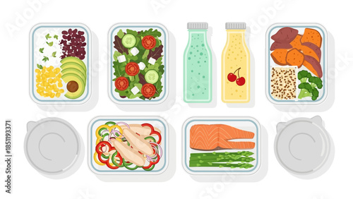 Colorful healthy meal prep containers with fresh ingredients and drinks in flat style