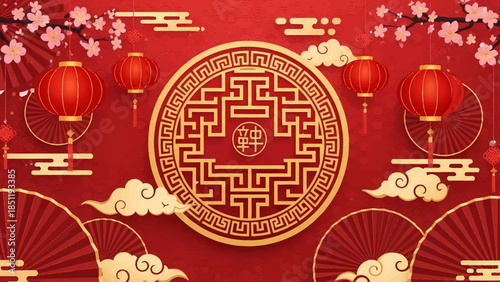 Vibrant Chinese New Year celebration background with traditional red lanterns, golden auspicious symbols, and elegant cherry blossom decorations, embodying festive cultural spirit