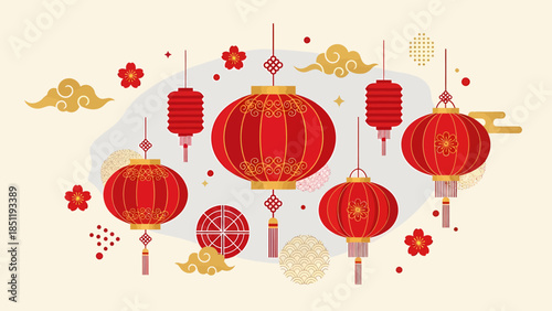 Festive collection of traditional red and gold oriental lanterns, adorned with elegant patterns, symbolizing joy and prosperity for Asian cultural celebrations