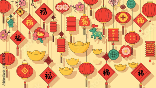 Vibrant Chinese New Year background with traditional red lanterns, golden ingots, and lucky blessing characters, ideal for celebrating prosperity and good fortune