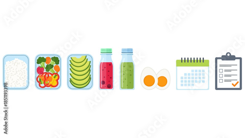 Weekly meal planner with healthy food icons in flat style