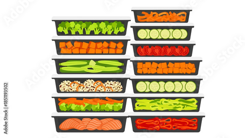 Colorful flat design of fresh food containers with healthy ingredients