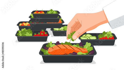 Meal preparation with fresh ingredients in plastic containers for healthy eating