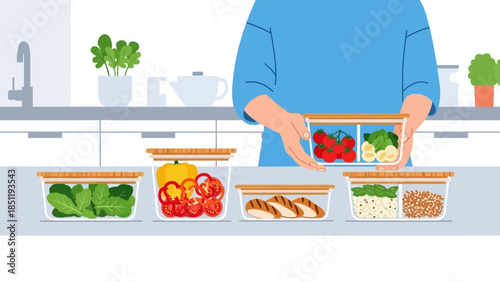 Organized kitchen with fresh vegetables and meal prep containers on a modern counter