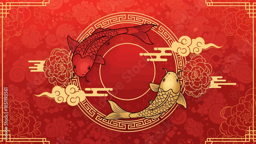 Red and gold koi fish in harmonious swim, surrounded by traditional Asian elements, symbolizing prosperity and good fortune