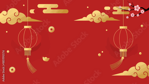 Festive Chinese New Year background with red lanterns, clouds, and cherry blossoms for a traditional celebration