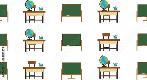 Educational Classroom Vector with Desks, Chalkboards, and Globe Illustration for School and Learning Themes