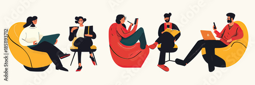 Diverse group of young professionals using laptops and smartphones while sitting on modern chairs and bean bags in casual coworking space illustration