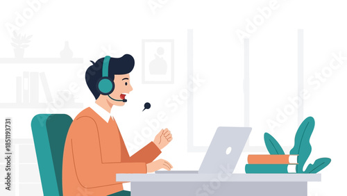 Telework professional engaged in remote work with headset and laptop in modern workspace