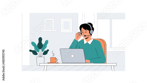 Remote work with headset in cozy home office setting