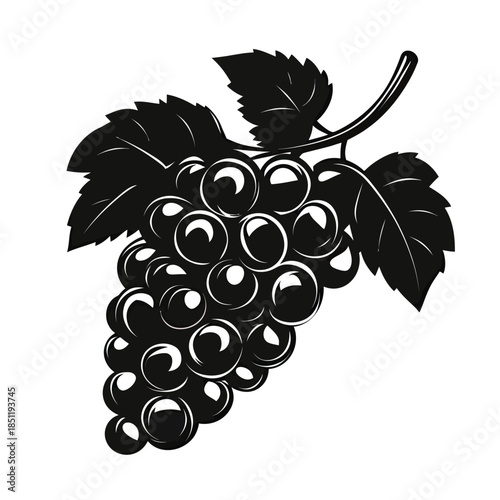 Black and white vector illustration of grape bunch with leaves in flat minimalist style for fruit and food design concepts
