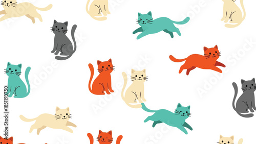 Cute and Playful Cat Pattern Vector for Pet Lovers, Illustrative Style with Colorful Whimsical Cats on White Background