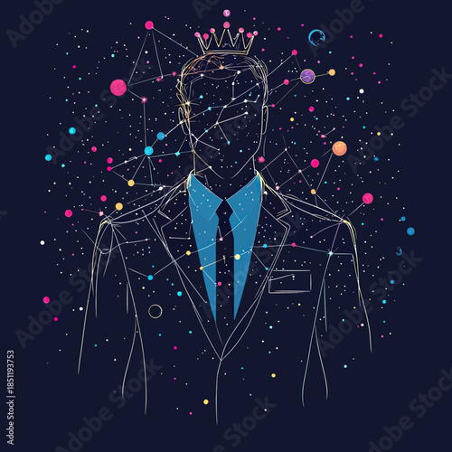 Abstract vector illustration of businessman silhouette with crown and cosmic constellation elements surrounded by stars and planets in minimalist style on dark background