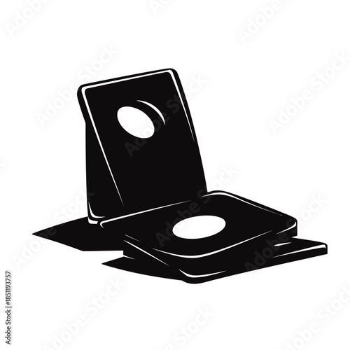 Minimalist black and white vector illustration of cornhole game setup with two angled boards and bean bag holes in flat design style