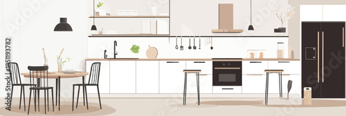 Modern minimalist kitchen interior with white cabinetry black appliances wooden dining table stools pendant lights and open shelving flat vector illustration