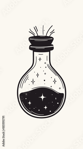 Magic potion bottle with stopper emitting sparkles and stars black and white minimalist vector outline illustration of enchanted liquid vial for fantasy themes and alchemy concepts design