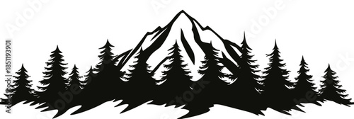 Silhouette of Mountain Peak with Pine Tree Forest Landscape Flat Minimalist Outdoor Nature Adventure Vector Illustration Black and White Design