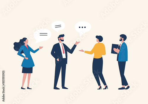 Business people discussing ideas and engaging in conversation with speech bubbles in modern flat minimalist style