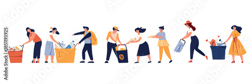 Group of diverse people collecting plastic waste and recycling garbage in colorful bins environmental cleanup concept flat cartoon vector illustration