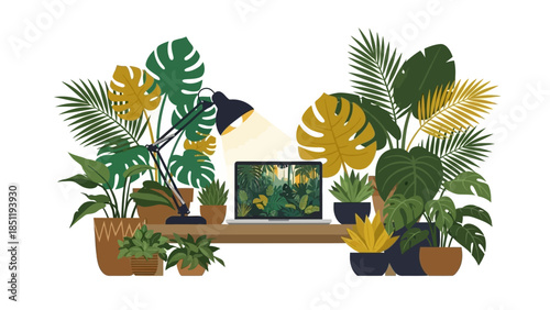 Indoor jungle: laptop workstation surrounded by lush greenery and tropical plant decor